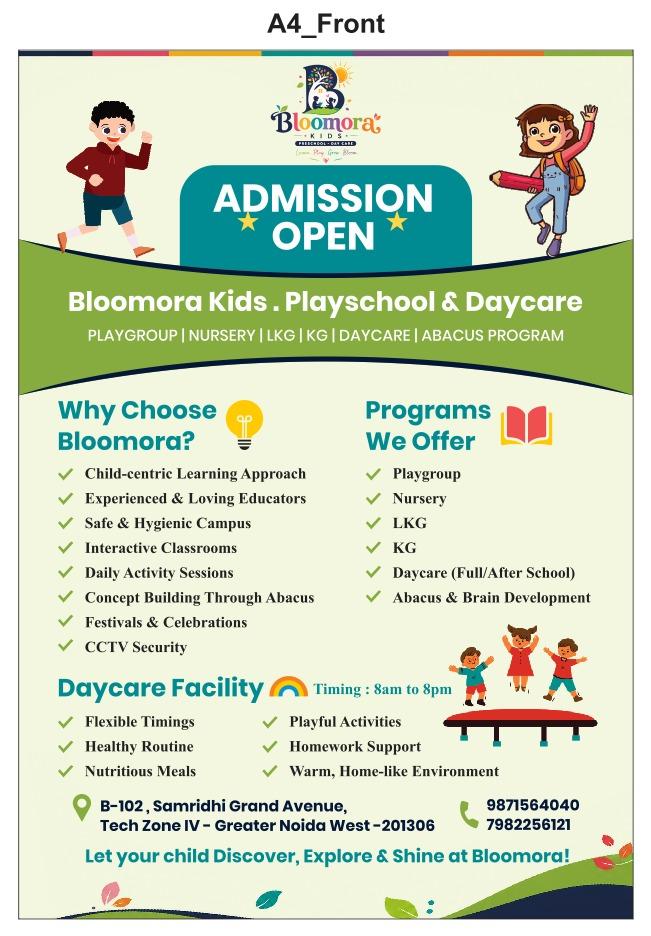 Bloomora Kids admission poster: programmes offered are Playgroup, Nursery, LKG, KG, daycare and abacus.